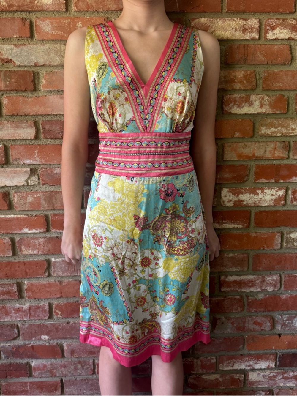 Sleeveless V-Neck Floral Print Dress in Turquoise and Pink